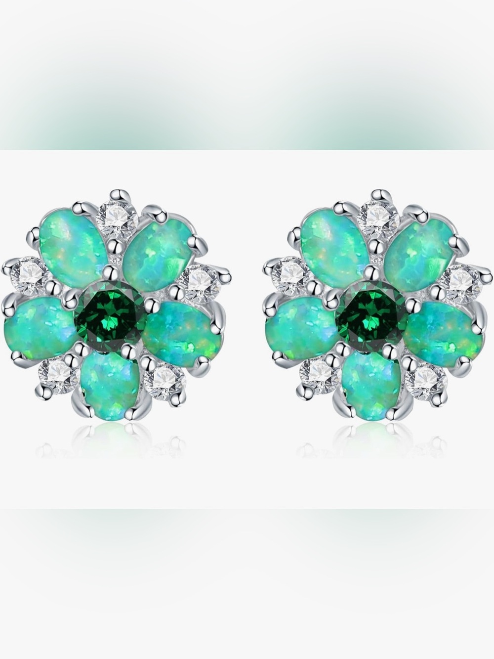 Gorgeous Neiman Marcus Sterling Silver Green Opal Emerald Flower Stud earrings